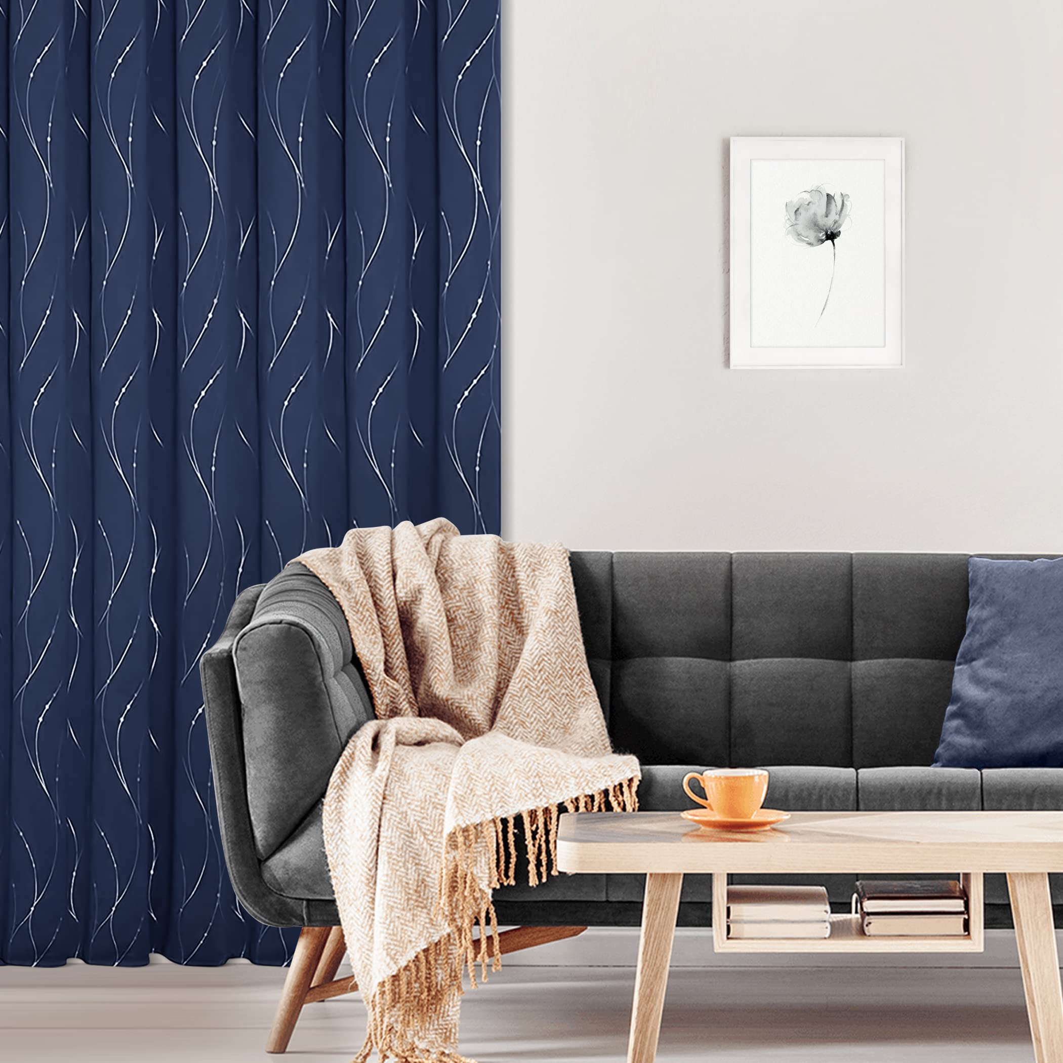 Amazon｜BUHUA シルバー遮光カーテン ウェーブラインパターン ネイビー